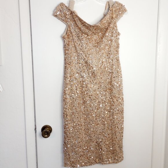 Adrianna Papell Gold Sequined Off-Shoulder Dress - Picture 9 of 13
